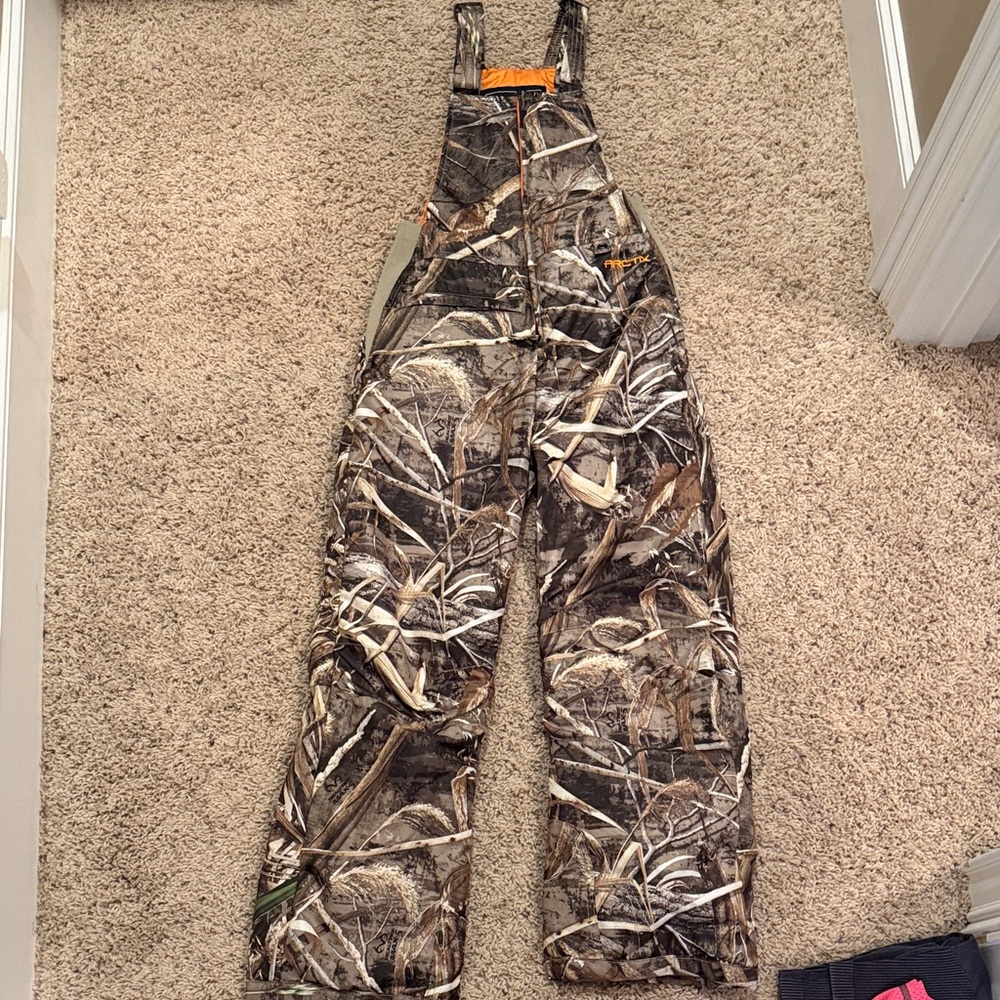 Arctic kids Brown/Green Camo Hunting Bib/ski bib Overalls with Blaze Orange Trim